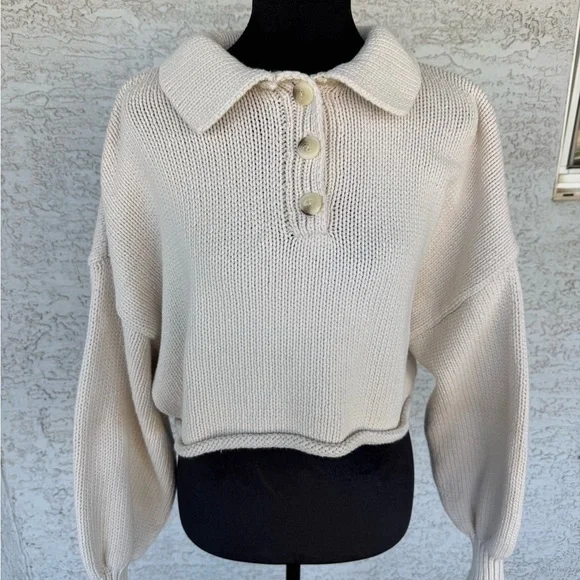 Zara Creme Cropped Knit Button-Up Women's Sweater - Picture 3 of 8